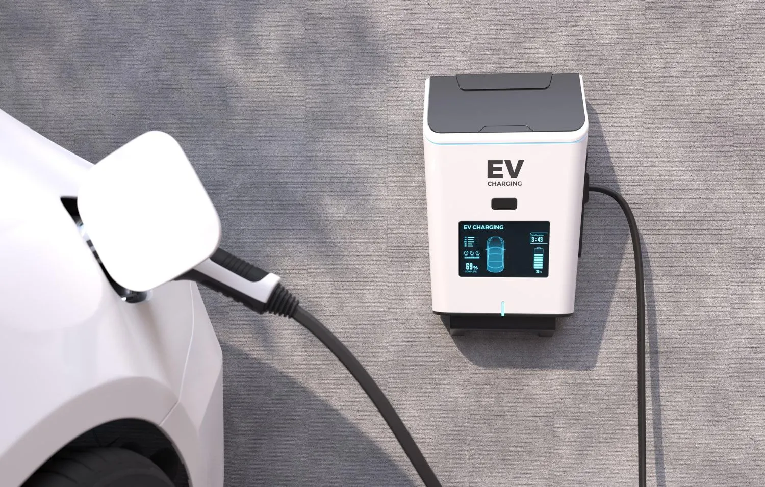 Electric vehicle charging at home wall mounted EV charger with digital display screen