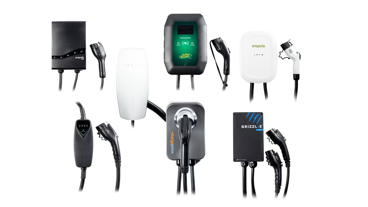 Various Level 2 home EV chargers from different brands with charging cables and plugs