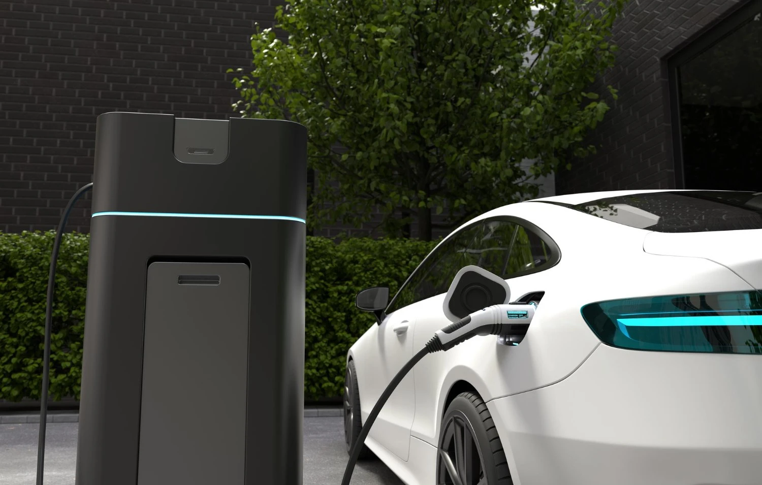White electric car connected to public DC fast charging station outdoors